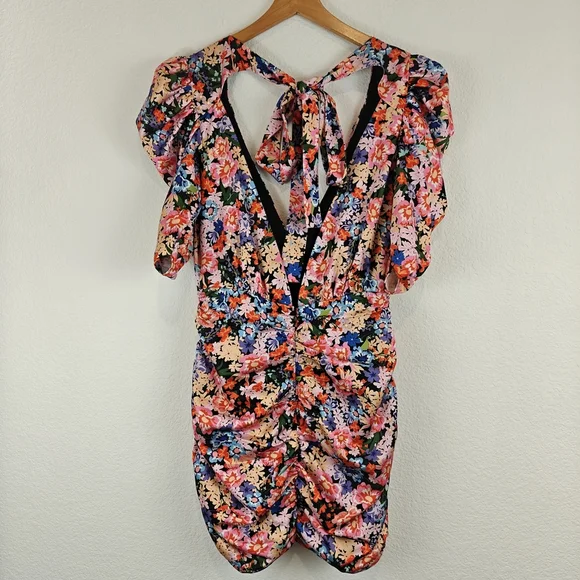 for Love & Lemons Bouquet Floral Deep V-neck Ruffle Puff Sleeve Mini Dress Sz M - Picture 14 of 16